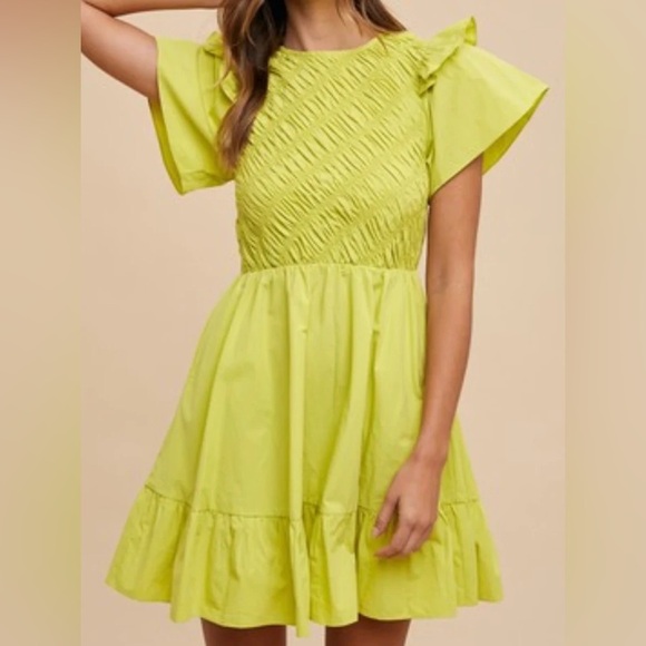 Red Dress Boutique Dresses & Skirts - Smocked mini dress ruffle short sleeves chartreuse fit & flare anneklein